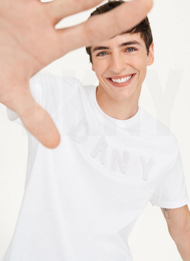 White DKNY Stamped Logo Men's T Shirts | USA-D1625
