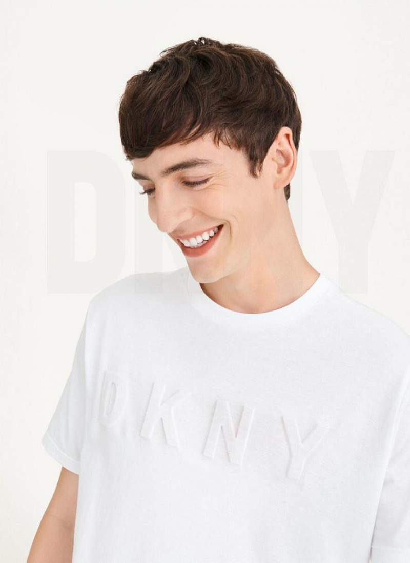 White DKNY Stamped Logo Men\'s T Shirts | USA-D1625