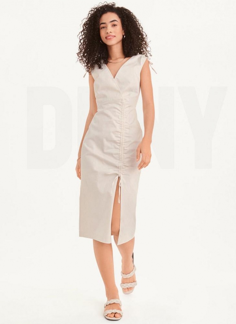 White DKNY V-Neck Women's Dresses | USA-D1722