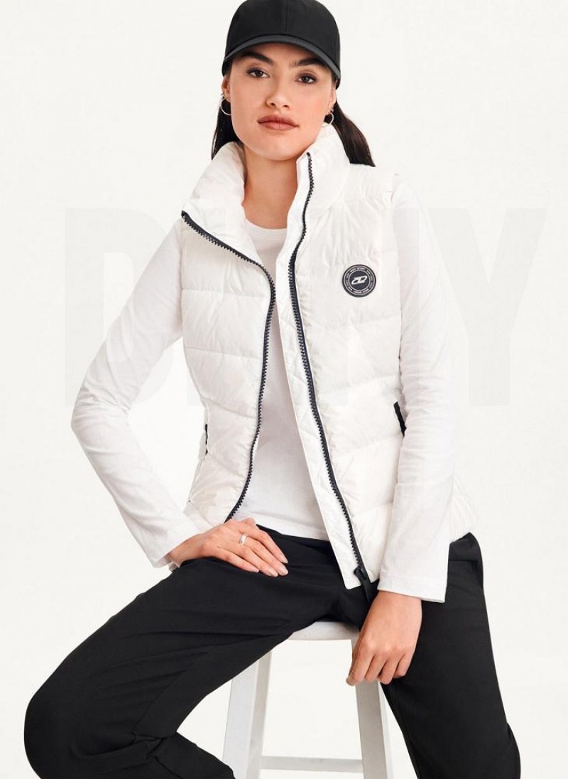 White DKNY Wet Token Logo Puffer Vest Women's Coats | USA-D1004
