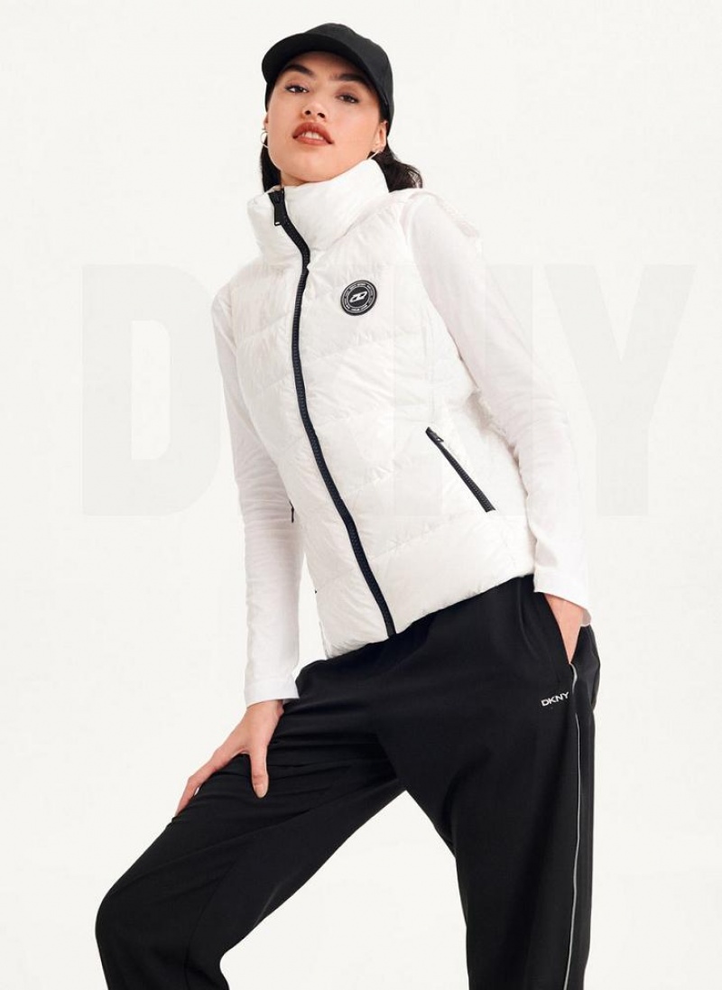 White DKNY Wet Token Logo Puffer Vest Women\'s Coats | USA-D1004