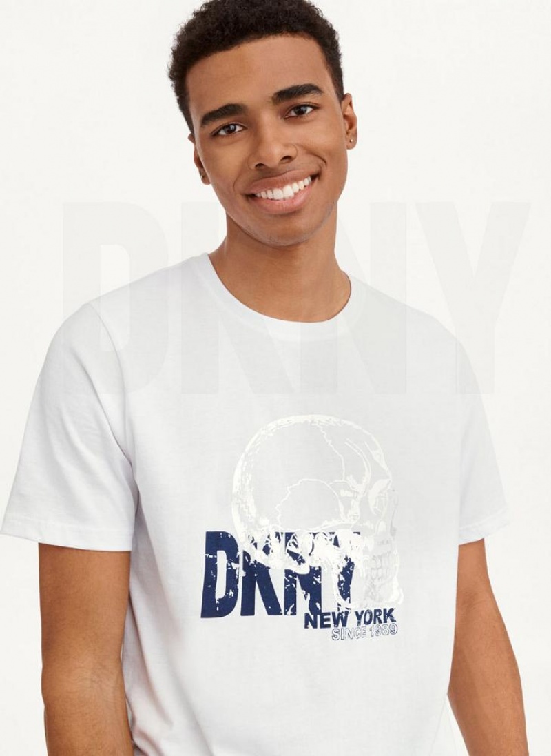 White DKNY Worn Shimmer Skull Men's T Shirts | USA-D1463