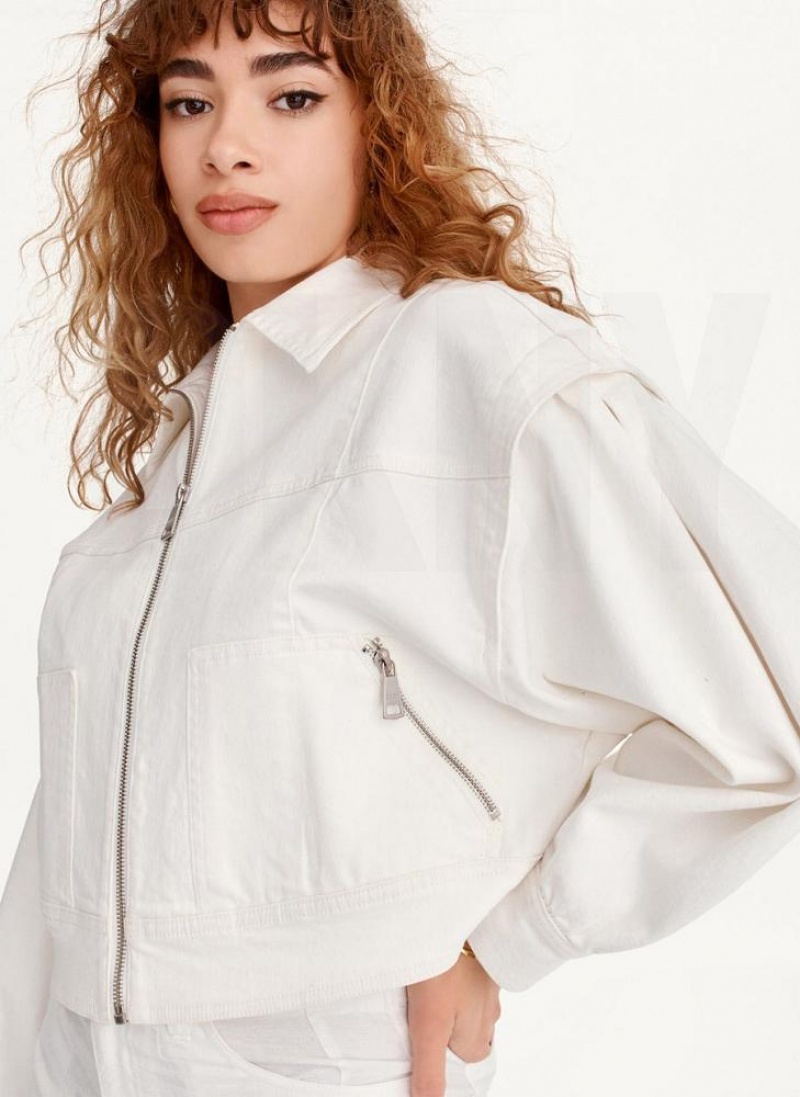 White DKNY Zip Front Flange Denim Women's Jackets | USA-D0600
