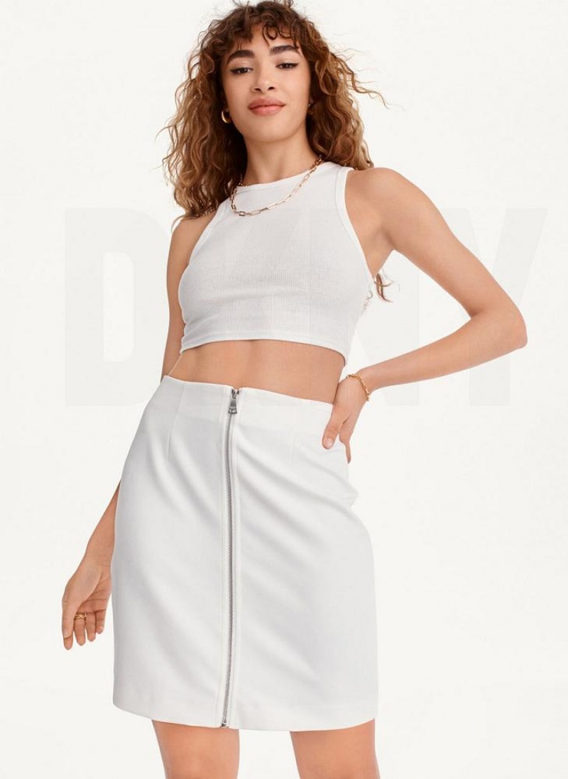 White DKNY Zip Front Midi Women\'s Skirts | USA-D1065
