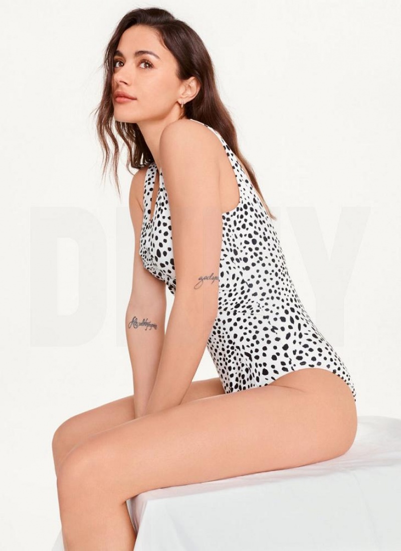 White Multicolor DKNY Deep V-Neck One-Piece Women's Swimsuits | USA-D1480