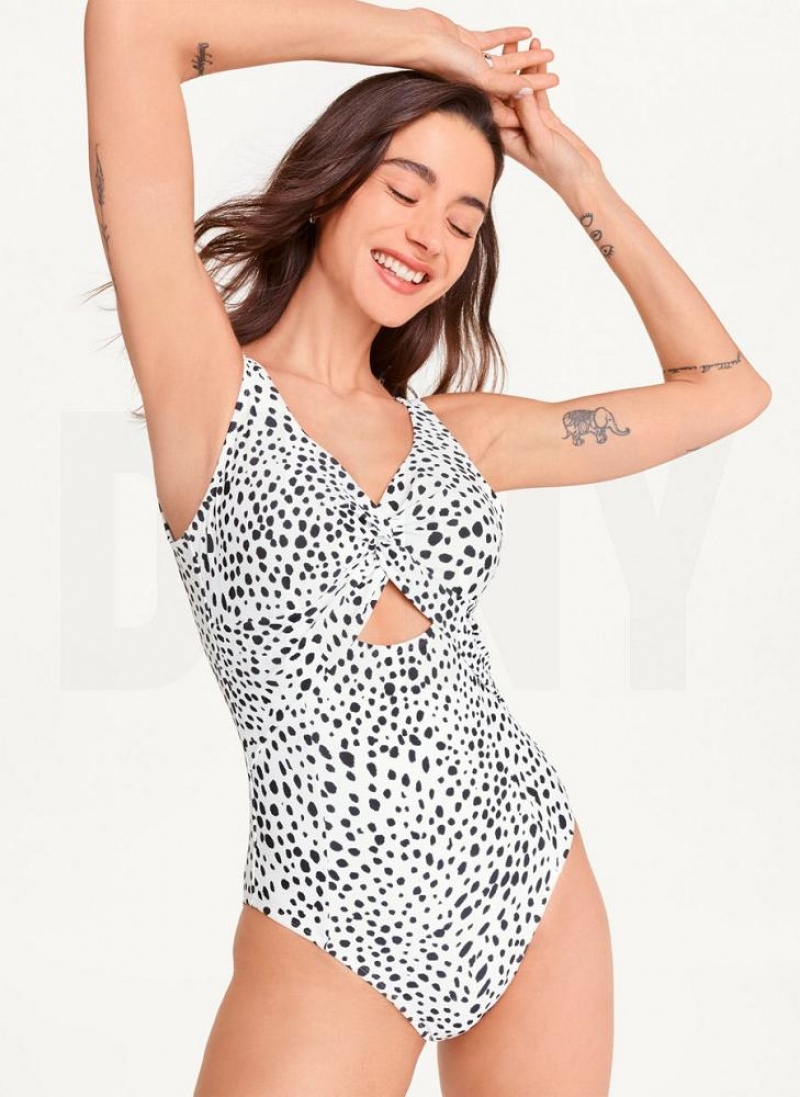 White Multicolor DKNY Deep V-Neck One-Piece Women\'s Swimsuits | USA-D1480