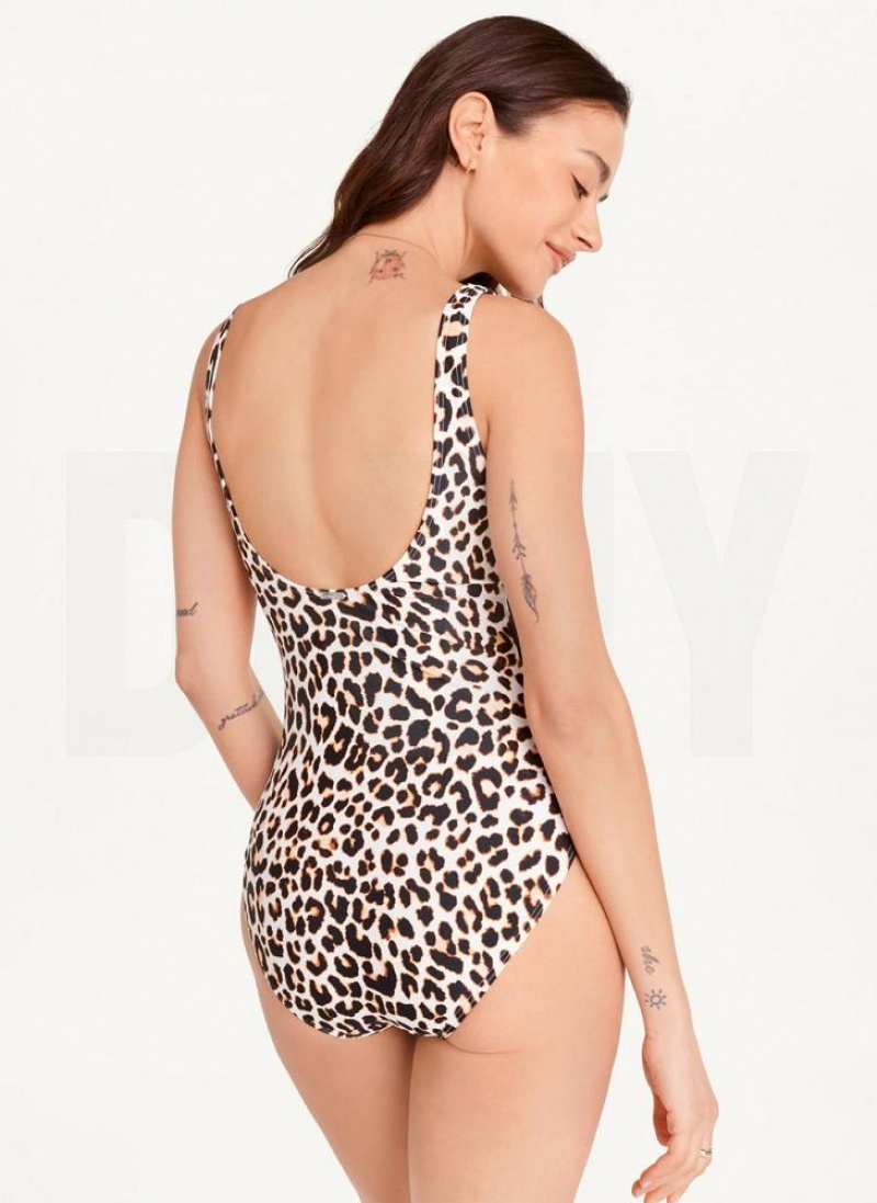 White Multicolor DKNY Nylon One-Piece Women's Swimsuits | USA-D0159