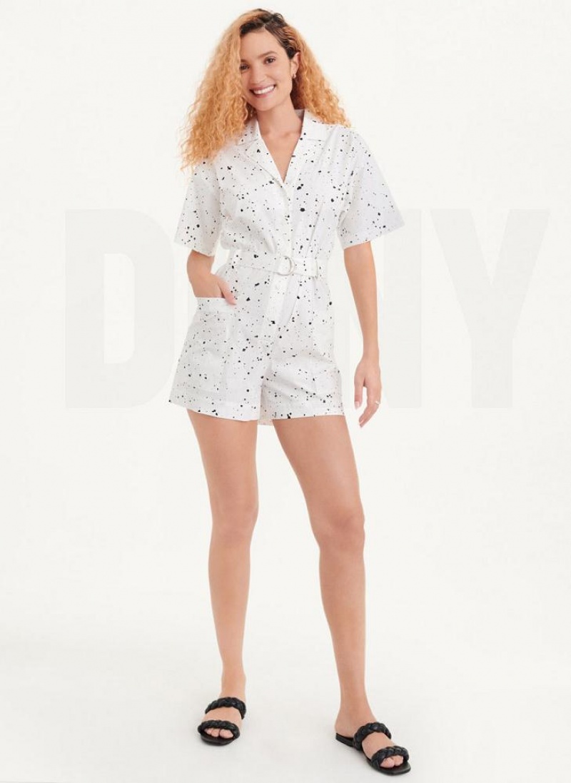 White Multicolor DKNY Splatter Print Women's Jumpsuits | USA-D0871