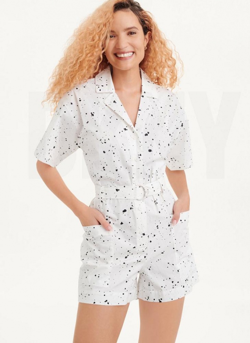 White Multicolor DKNY Splatter Print Women\'s Jumpsuits | USA-D0871