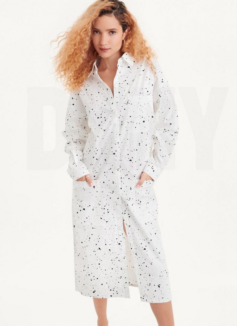 White Multicolor DKNY Splatter Print Women\'s Dresses | USA-D1655