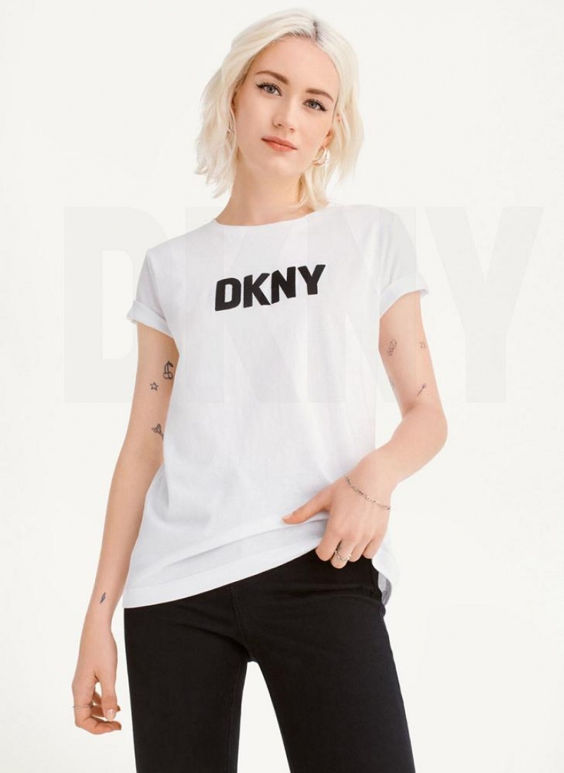 White / Black DKNY Foundation Logo Women's T Shirts | USA-D1146