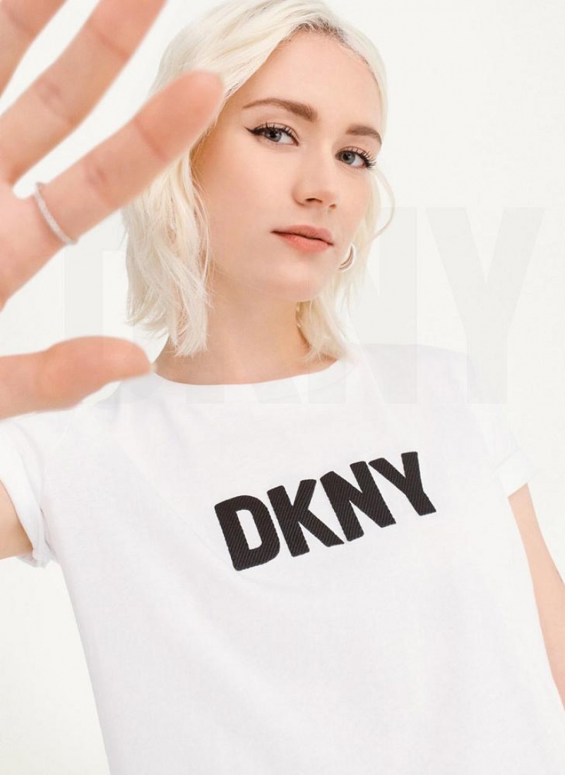 White / Black DKNY Foundation Logo Women's T Shirts | USA-D1146