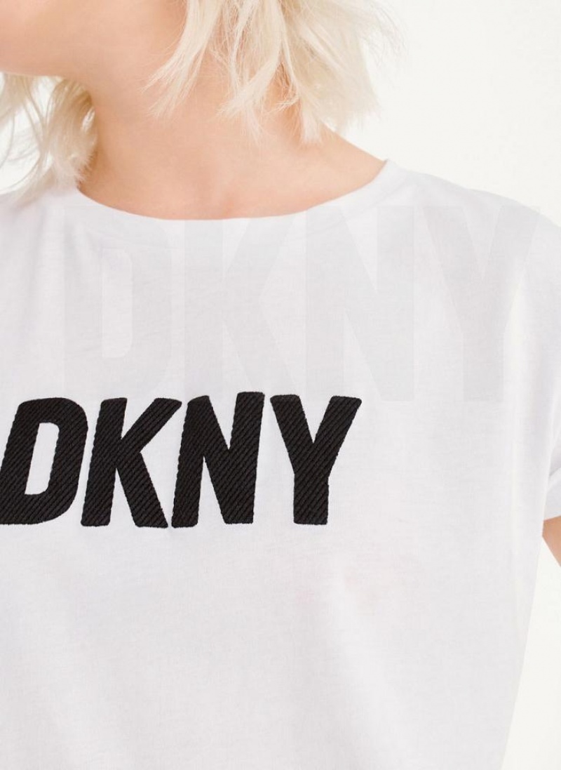 White / Black DKNY Foundation Logo Women's T Shirts | USA-D1146