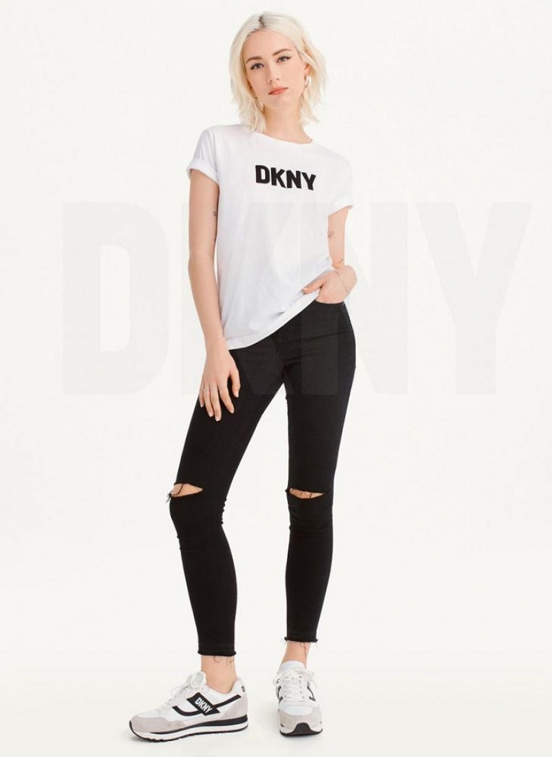 White / Black DKNY Foundation Logo Women's T Shirts | USA-D1146