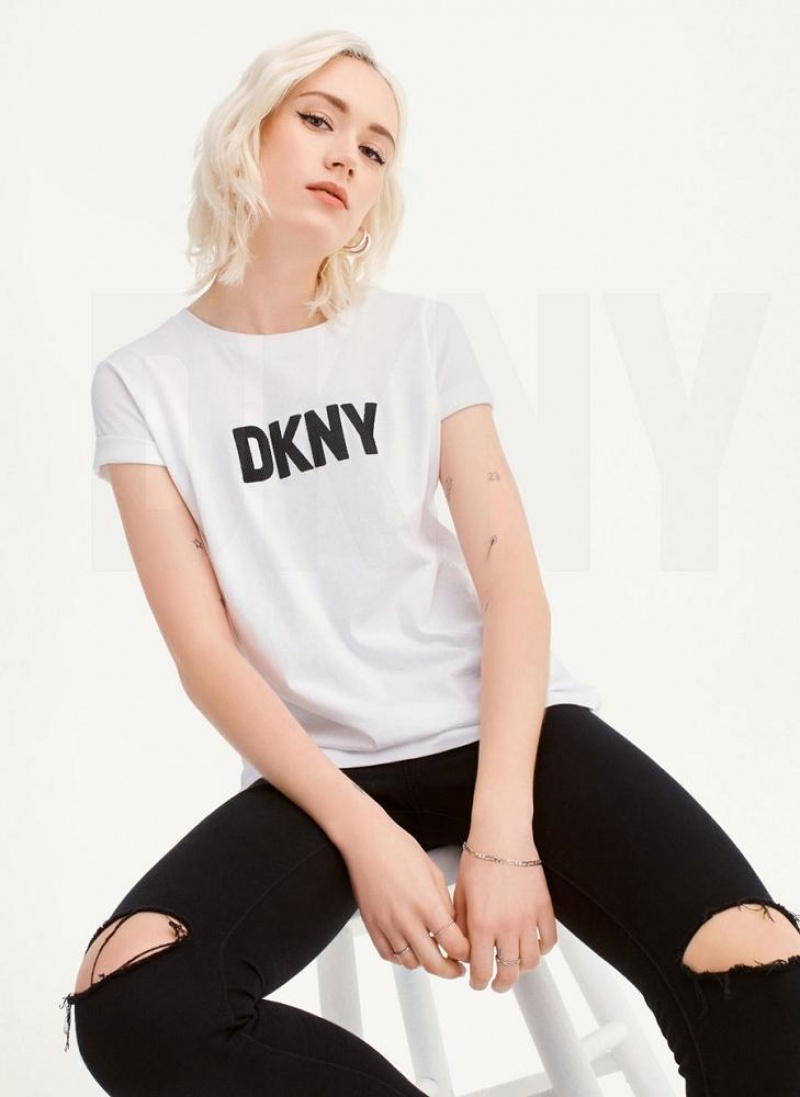 White / Black DKNY Foundation Logo Women\'s T Shirts | USA-D1146