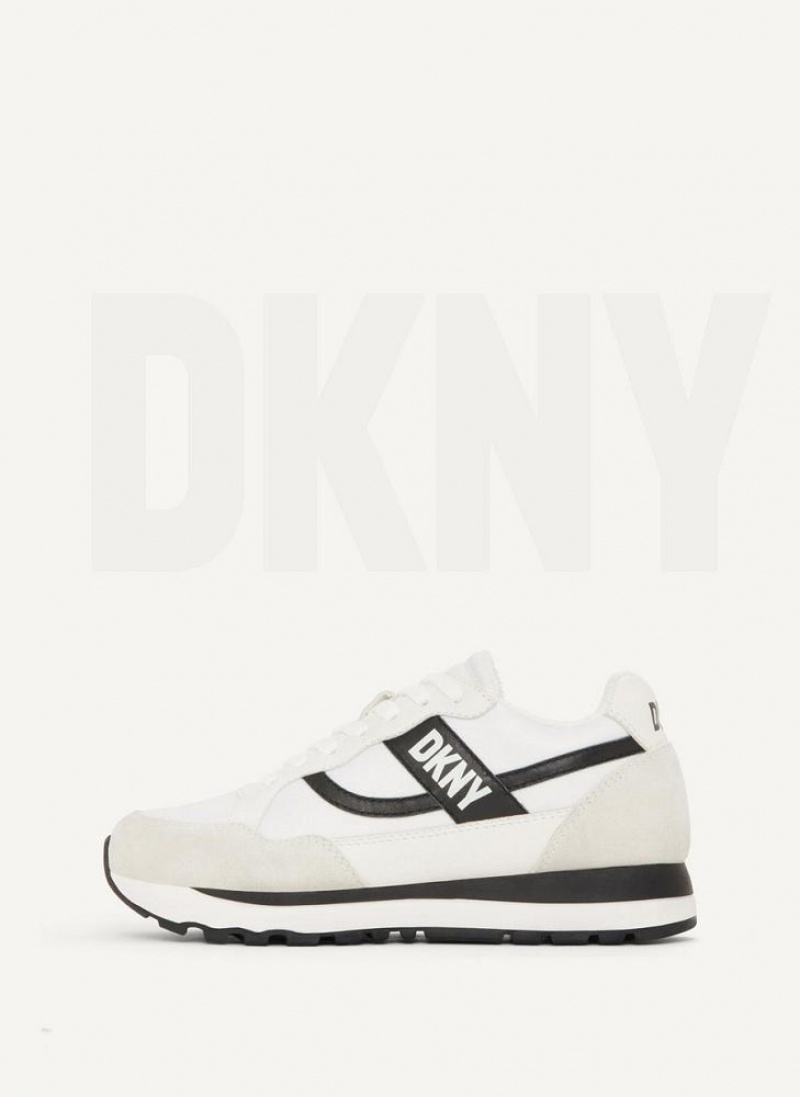 White / Black DKNY Logo Retro Shoes Sneakers | USA-D0195