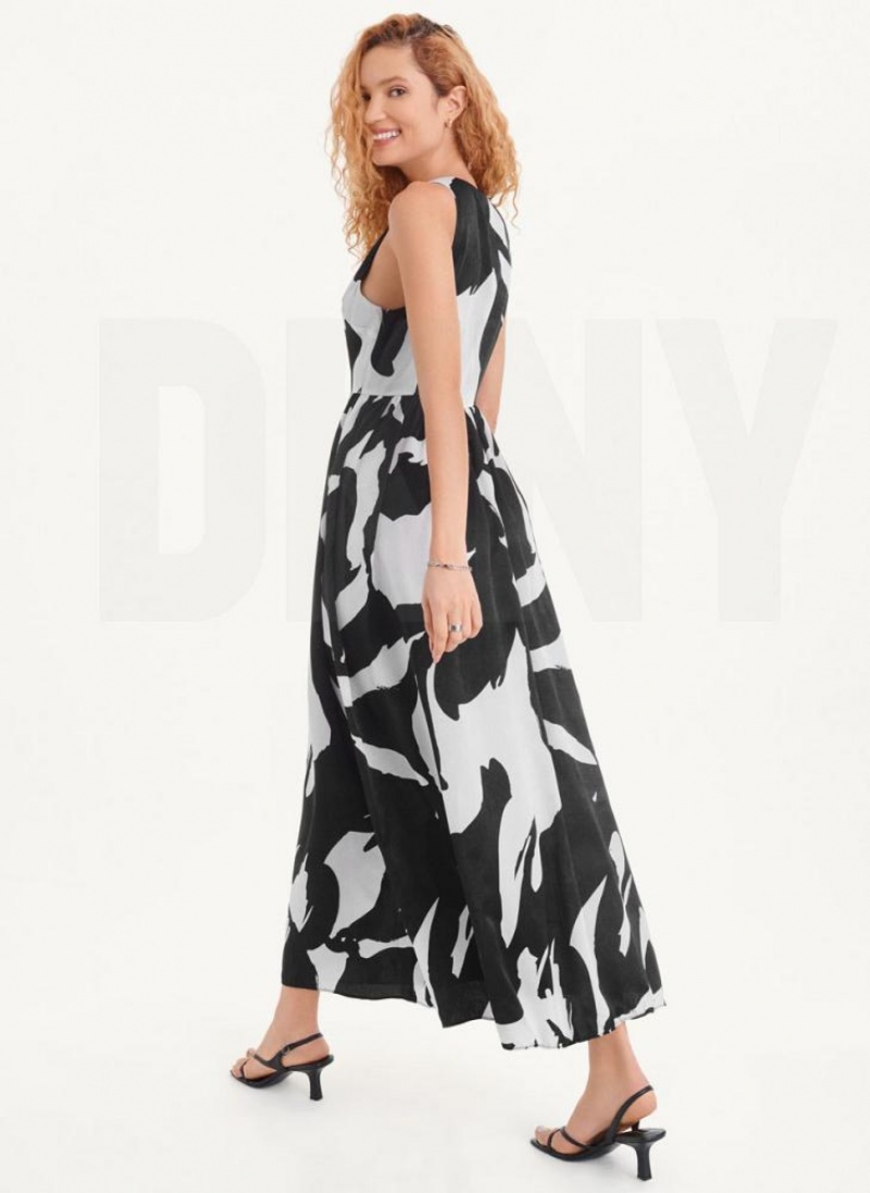 White / Black DKNY Printed Maxi Women's Dresses | USA-D0954