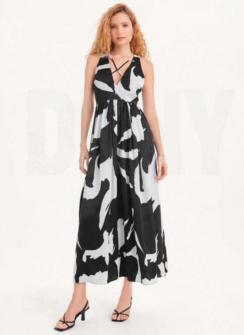 White / Black DKNY Printed Maxi Women's Dresses | USA-D0954