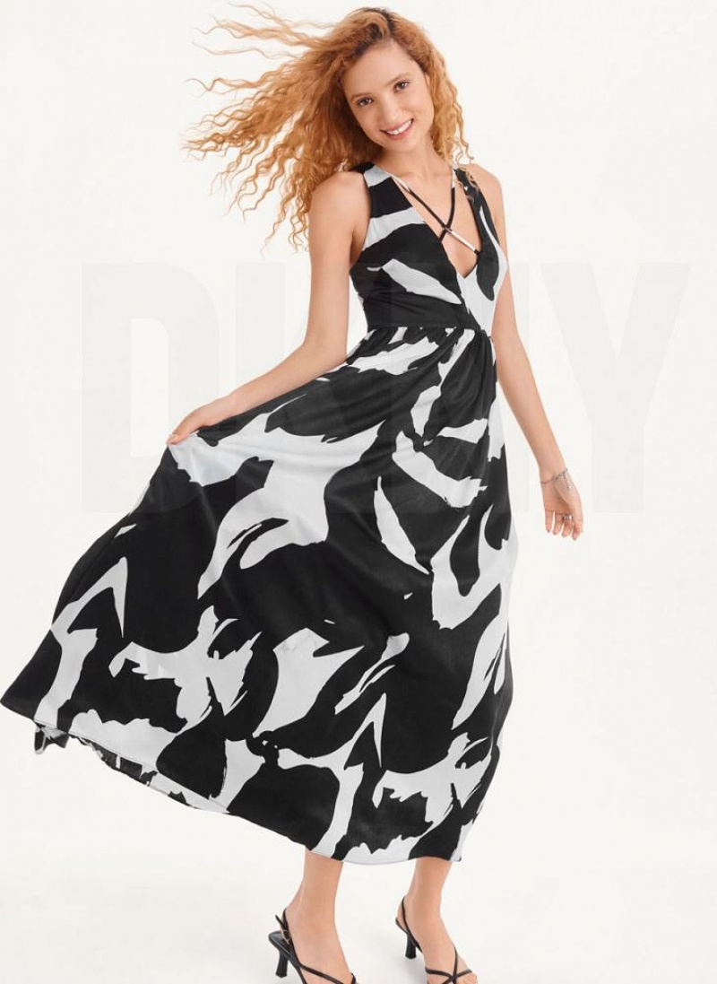 White / Black DKNY Printed Maxi Women\'s Dresses | USA-D0954