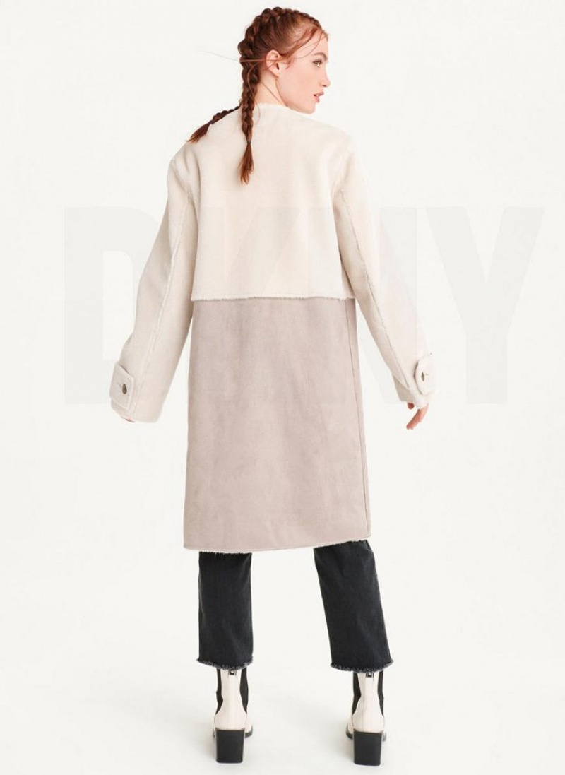 White / Brown DKNY Mixed Media Women's Coats | USA-D0463