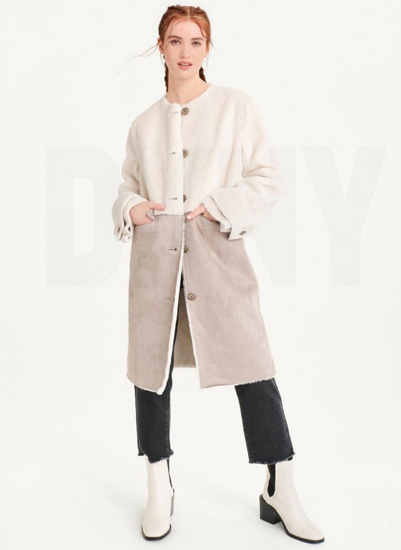 White / Brown DKNY Mixed Media Women's Coats | USA-D0463