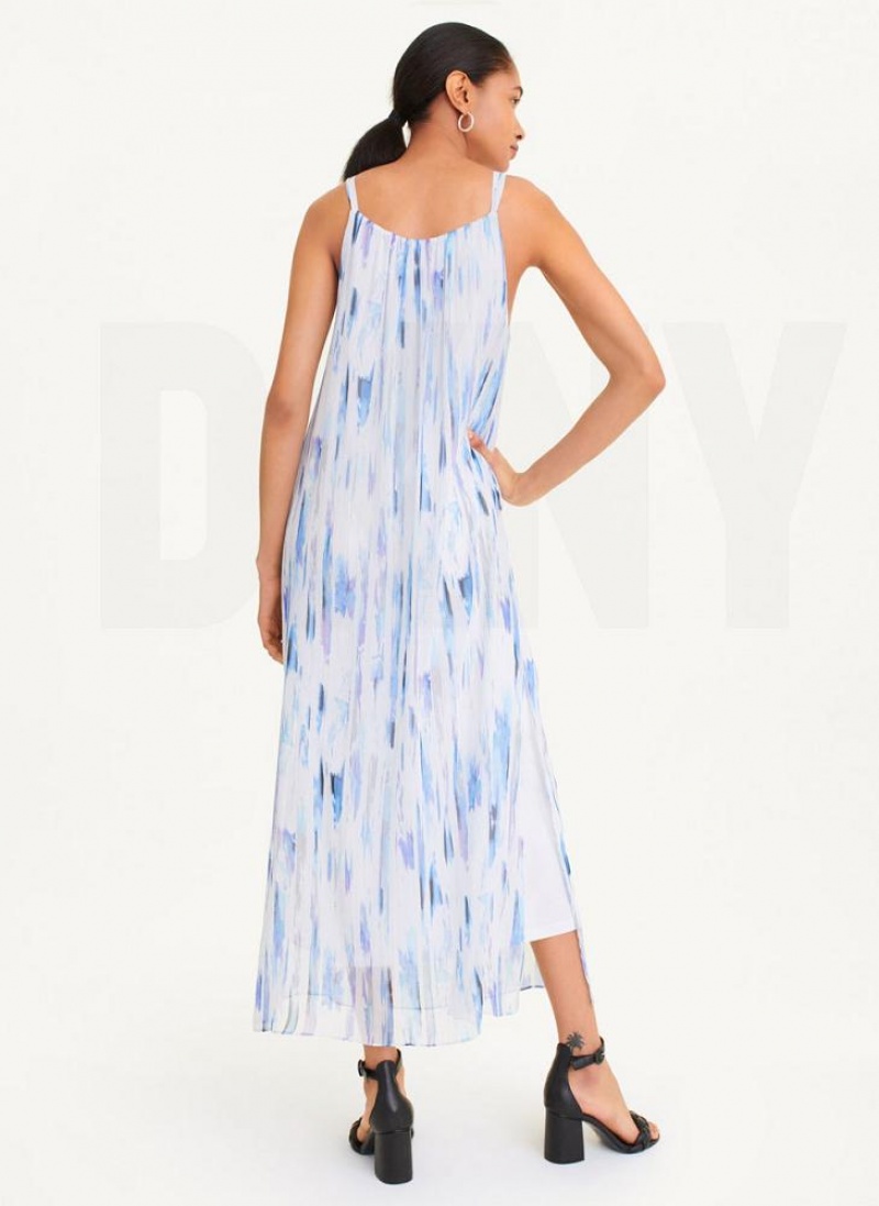 White / Multicolor DKNY Sleeveless Printed Chiffon Women's Dresses | USA-D1867
