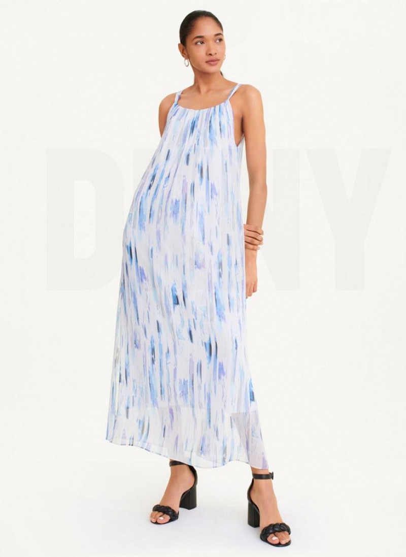 White / Multicolor DKNY Sleeveless Printed Chiffon Women's Dresses | USA-D1867