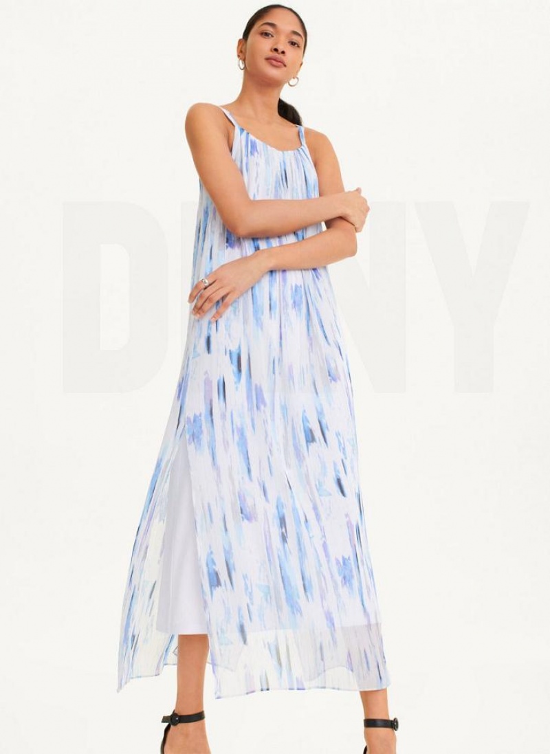 White / Multicolor DKNY Sleeveless Printed Chiffon Women\'s Dresses | USA-D1867