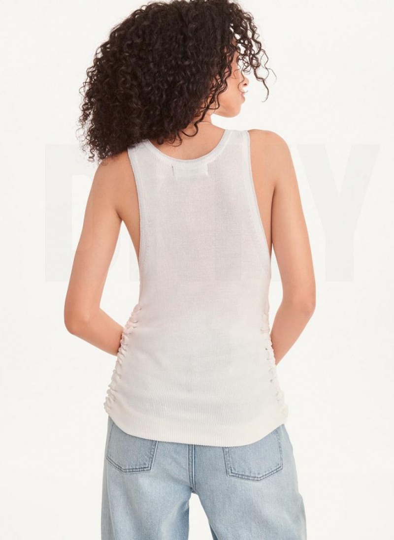 White / Silver DKNY Lurex Trim Ruched Sweater Women's Tank Tops | USA-D0104