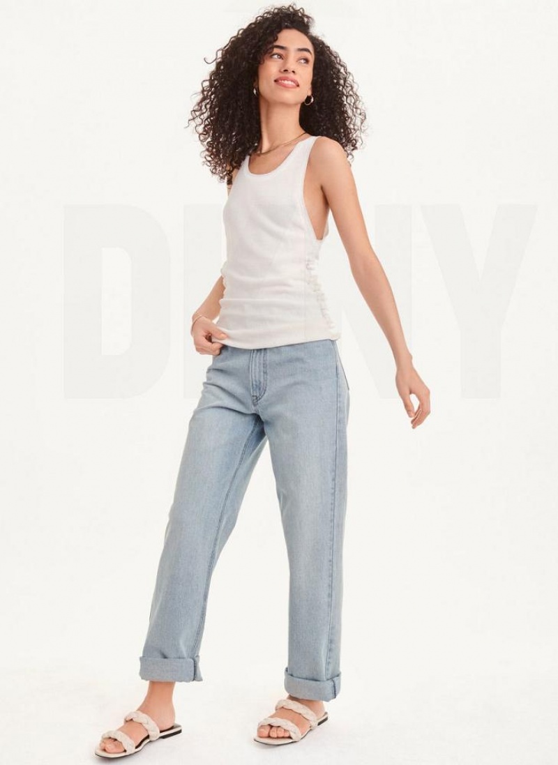 White / Silver DKNY Lurex Trim Ruched Sweater Women's Tank Tops | USA-D0104