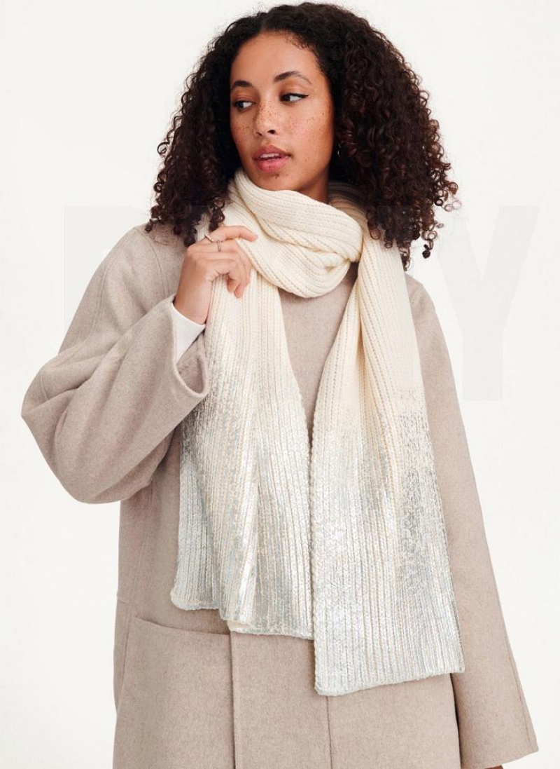 White / Silver DKNY Metallic Rib Knit Oblong Women's Scarf | USA-D1387