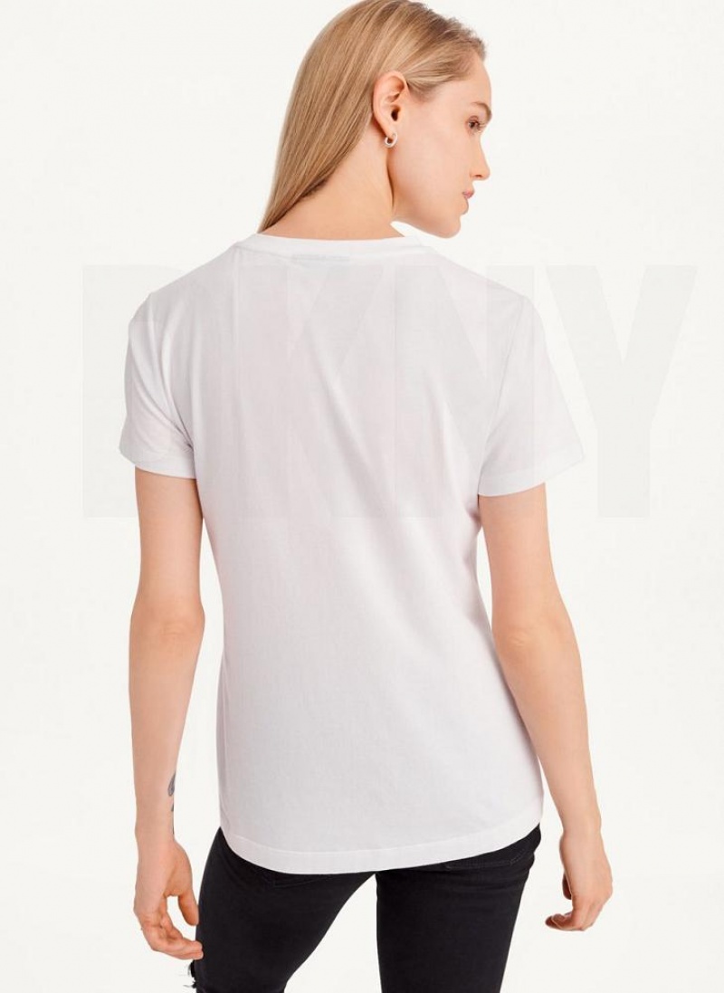 White / Silver DKNY Rhinestone Glitter Logo Women's T Shirts | USA-D0672