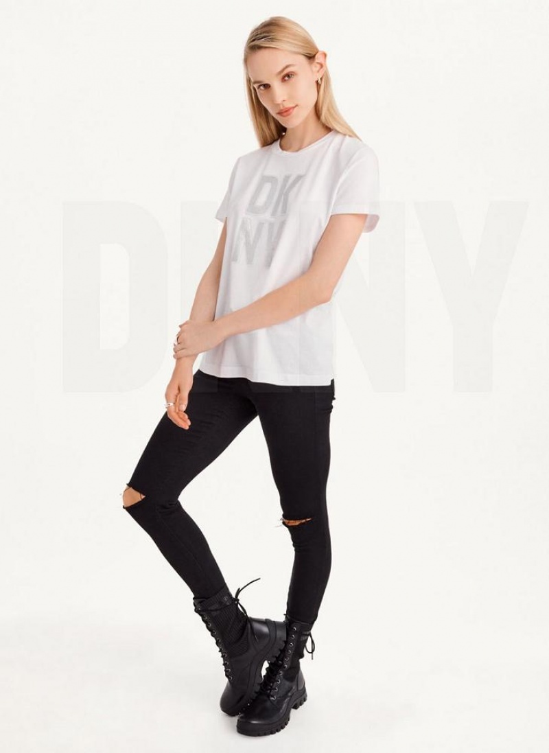 White / Silver DKNY Rhinestone Glitter Logo Women's T Shirts | USA-D0672