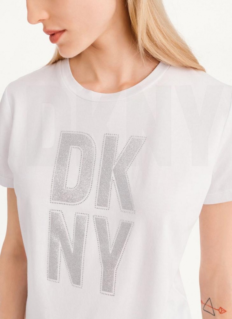 White / Silver DKNY Rhinestone Glitter Logo Women's T Shirts | USA-D0672
