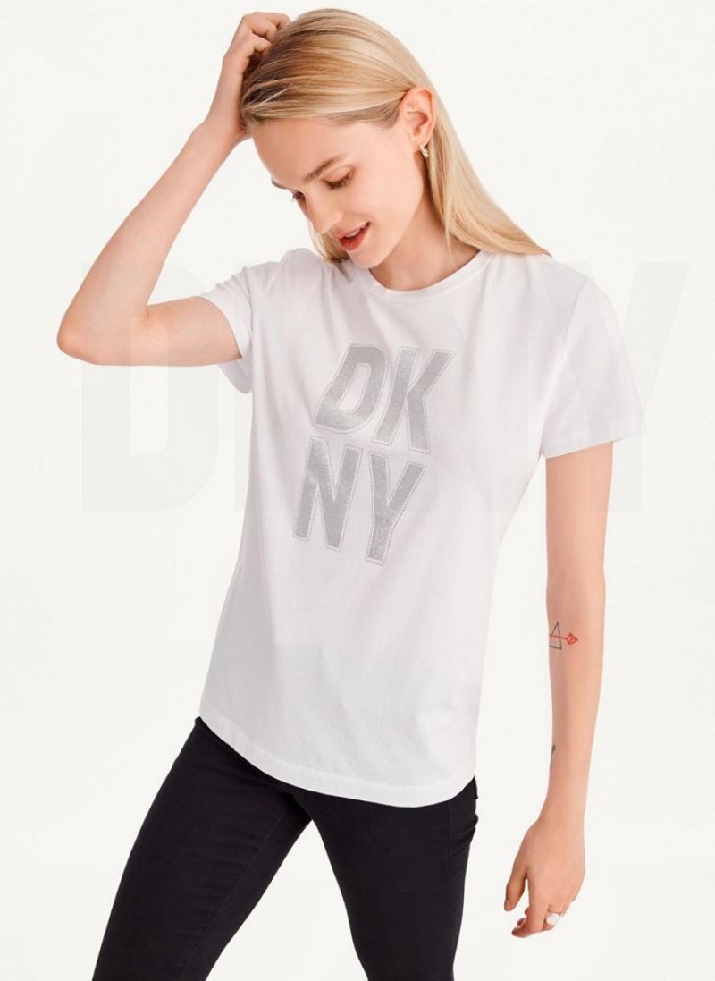White / Silver DKNY Rhinestone Glitter Logo Women\'s T Shirts | USA-D0672