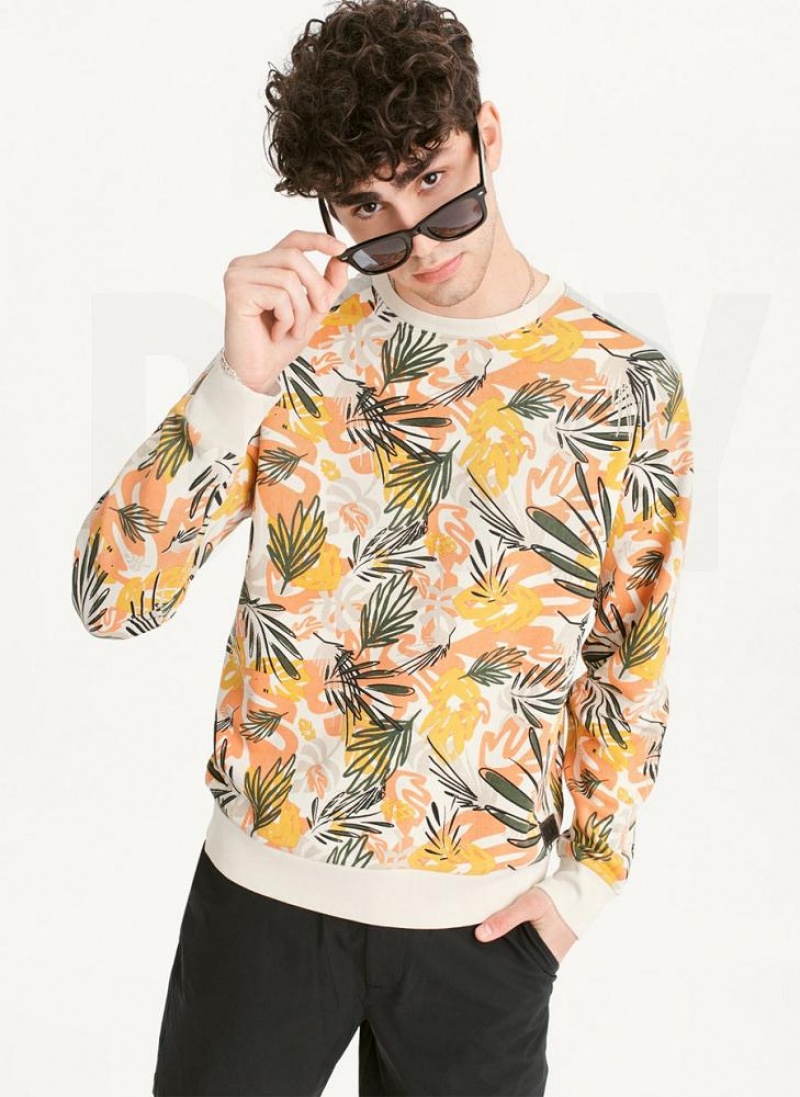 Yellow DKNY Exploded Palms Print French Terry Men\'s Sweatshirts | USA-D0454