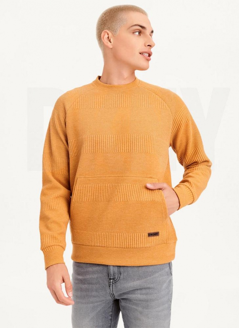 Yellow DKNY Mixed Texture Crewneck Men's Sweaters | USA-D0815