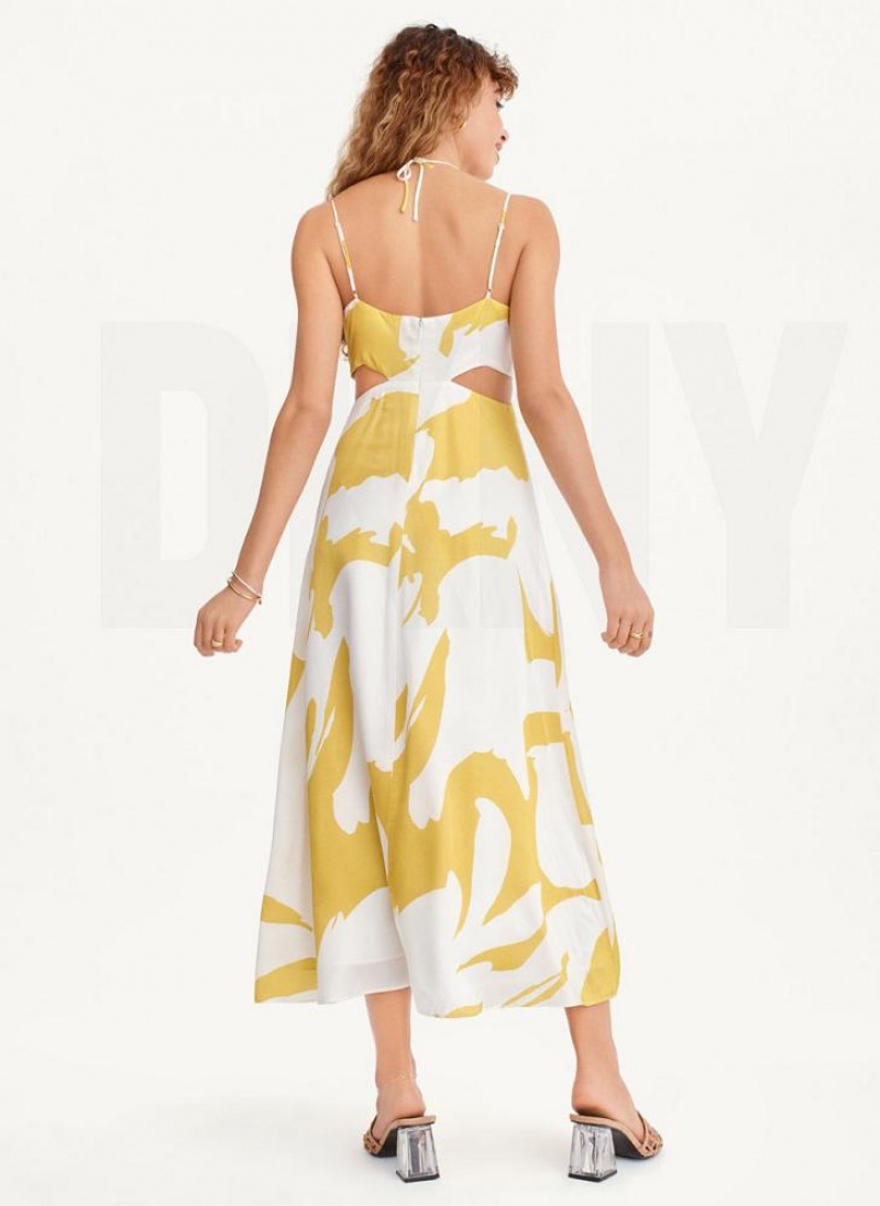 Yellow DKNY Printed Cut Out Halter Women's Dresses | USA-D0386