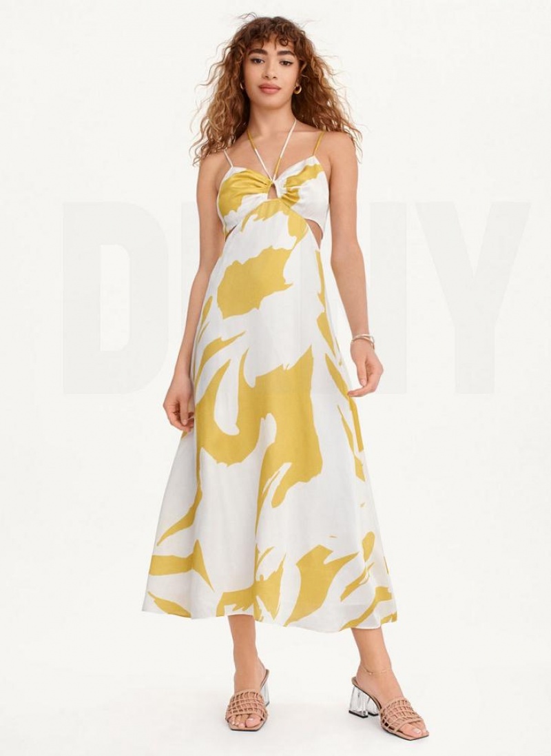 Yellow DKNY Printed Cut Out Halter Women's Dresses | USA-D0386