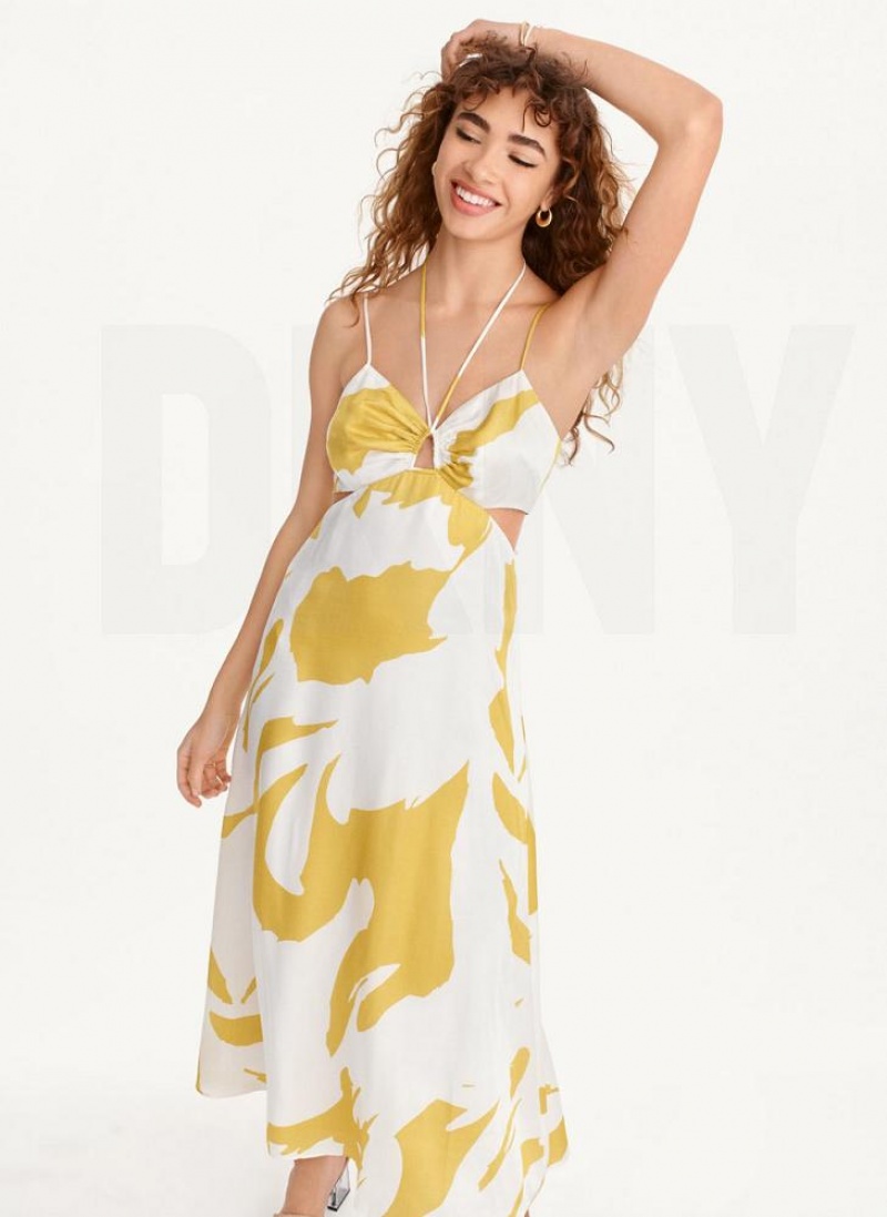 Yellow DKNY Printed Cut Out Halter Women\'s Dresses | USA-D0386