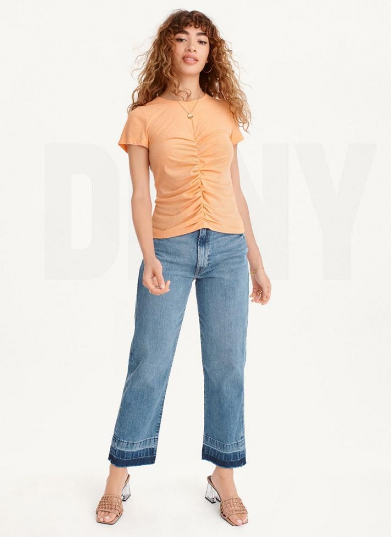 Yellow DKNY Ruched Front Crew Neck Women's T Shirts | USA-D1952