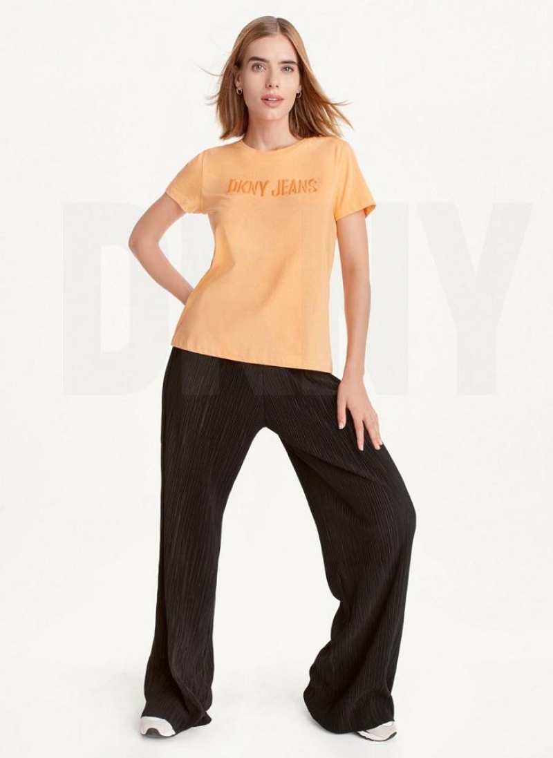 Yellow DKNY Short Sleeve Embossed Logo Women's T Shirts | USA-D1612