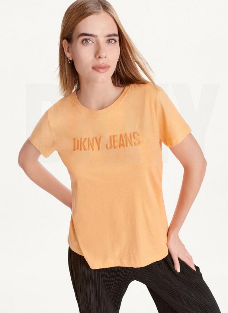 Yellow DKNY Short Sleeve Embossed Logo Women\'s T Shirts | USA-D1612