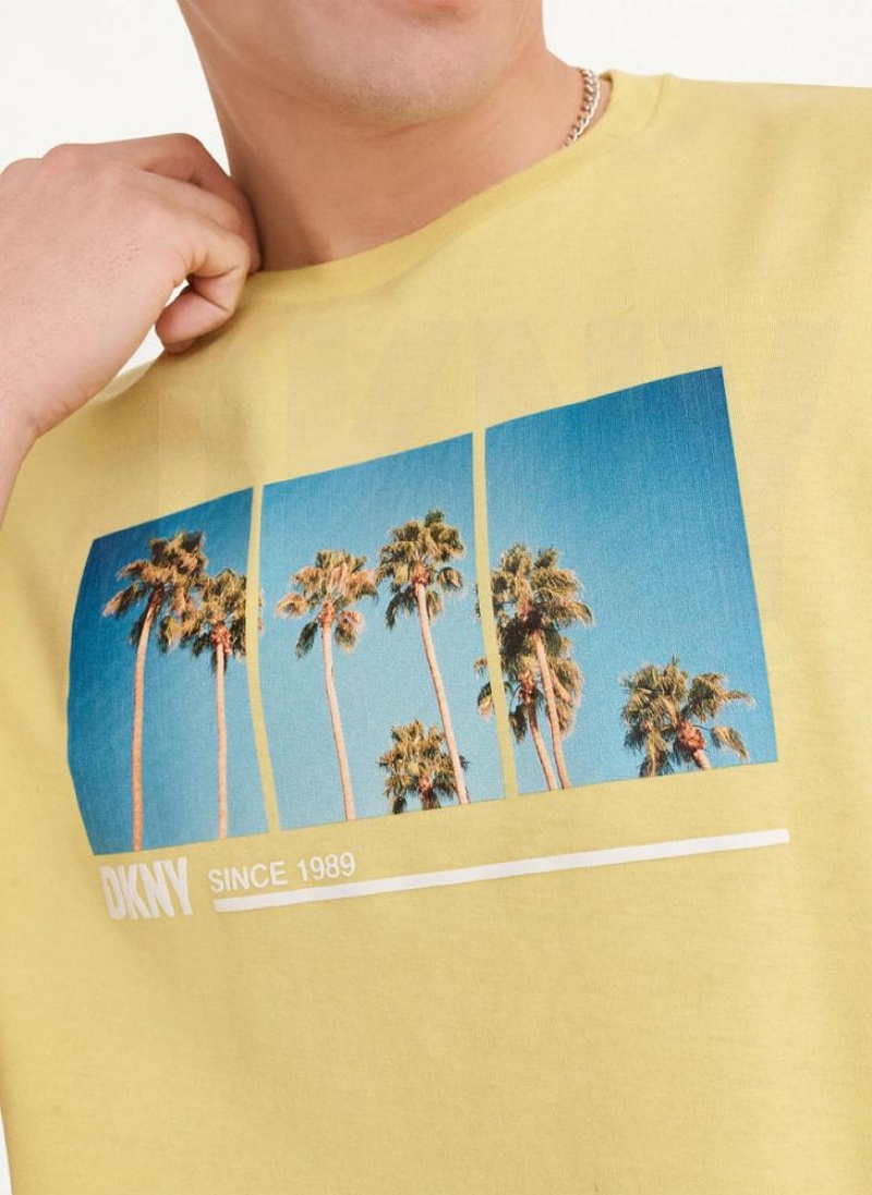 Yellow DKNY Split Palm Trees Men's T Shirts | USA-D1347